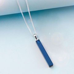 Uzun Bar Mavi Dikdörtgen Kesim Kehribar Kolye, Gümüş 45 cm Zincir,  Genç, Yetişkin, Sertifikalı