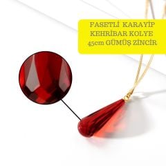 Kırmızı Fasetli Damla Kesim Kehribar Kolye, Gümüş Altın Kaplama 45cm Zincir, Genç, Yetişkin, Sertifikalı