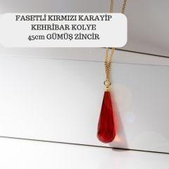 Kırmızı Fasetli Damla Kesim Kehribar Kolye, Gümüş Altın Kaplama 45cm Zincir, Genç, Yetişkin, Sertifikalı