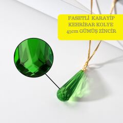 Yeşil Fasetli Damla Kesim Kehribar Kolye, Gümüş Altın Kaplama 45cm Zincir, Genç, Yetişkin, Sertifikalı