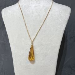 Bal Rengi Fasetli Damla Kesim Kehribar Kolye, Gümüş Altın Kaplama 45cm Zincir, Genç, Yetişkin, Sertifikalı