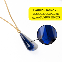 Mavi Fasetli Damla Kesim Kehribar Kolye, Gümüş Altın Kaplama 45cm Zincir, Genç, Yetişkin, Sertifikalı