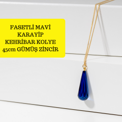 Mavi Fasetli Damla Kesim Kehribar Kolye, Gümüş Altın Kaplama 45cm Zincir, Genç, Yetişkin, Sertifikalı
