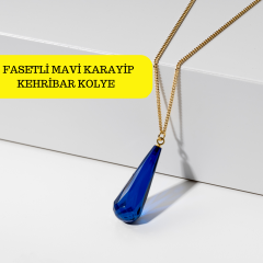 Mavi Fasetli Damla Kesim Kehribar Kolye, Gümüş Altın Kaplama 45cm Zincir, Genç, Yetişkin, Sertifikalı